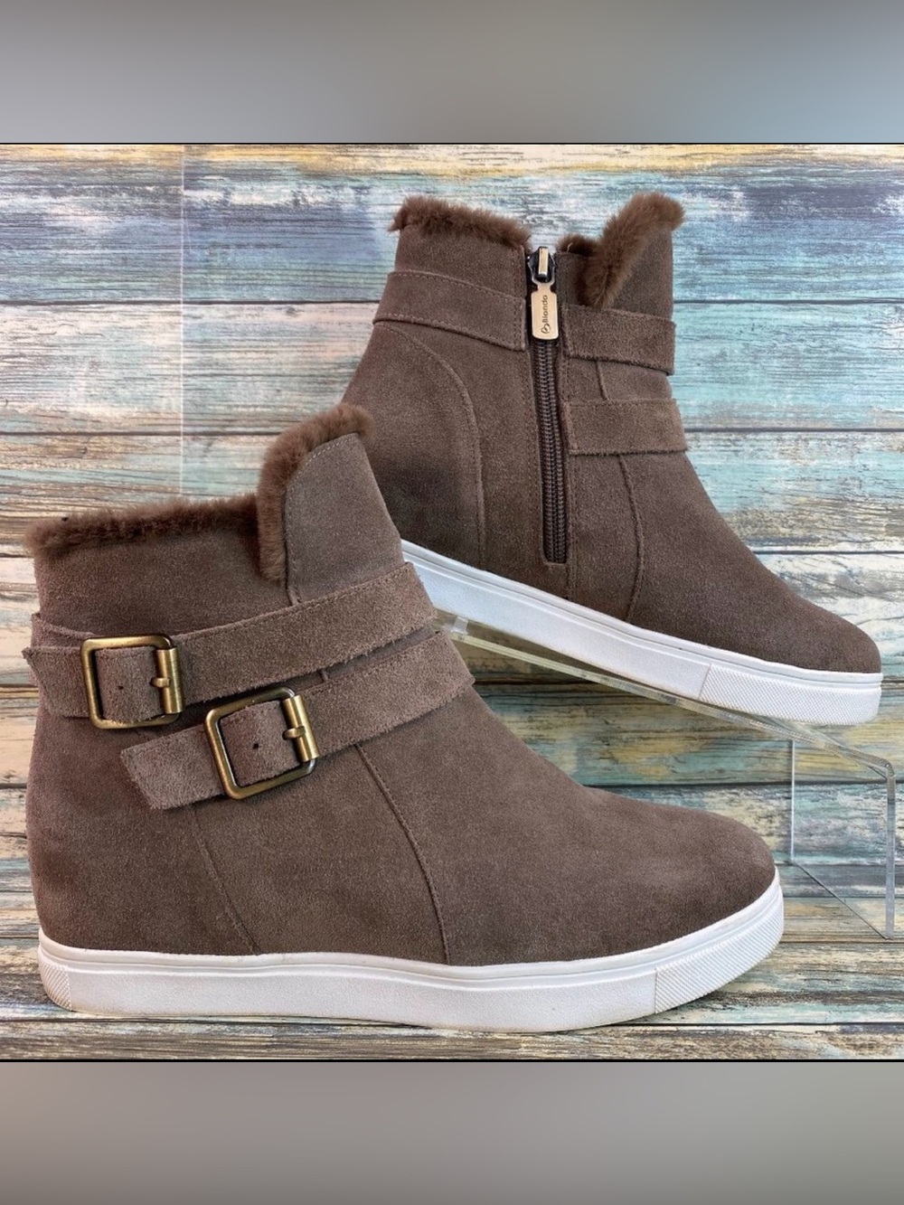 Blondo Hidden Wedge Ankle Boot Womens Size 7 Brown Waterproof Suede Faux Fur Zip
